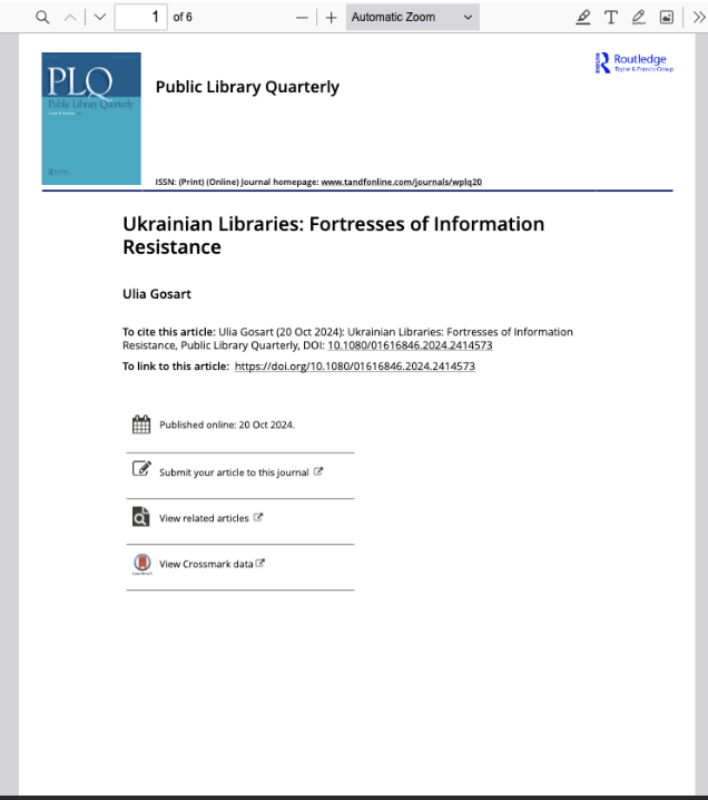 Ukrainian Libraries: Fortresses of Information Resistance, Public Library Quarterly, 2024