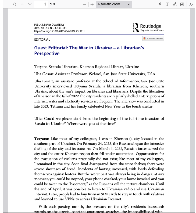 The War in Ukraine- A Librarian’s Perspective, Public Library Quarterly, 2024